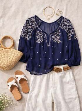 American Eagle Royal Blue Sheer Boho Embroidered Peasant Blouse